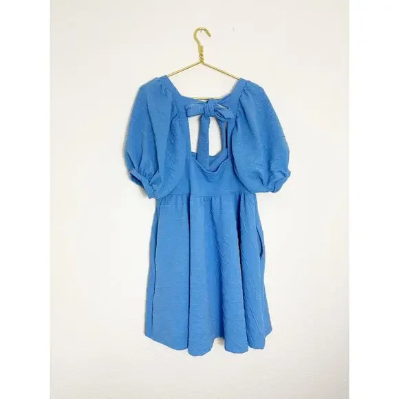 Free People Violet Mini Dress Size Large Sky Blue Puff Sleeve Babydoll Coquette - Picture 13 of 14